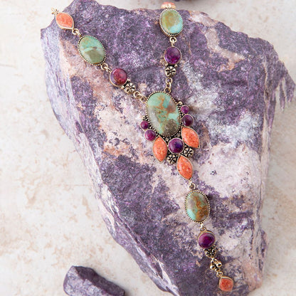 Regalia Blue Turquoise Purple and Orange Coral Golden Y Necklace Barse Jewelry