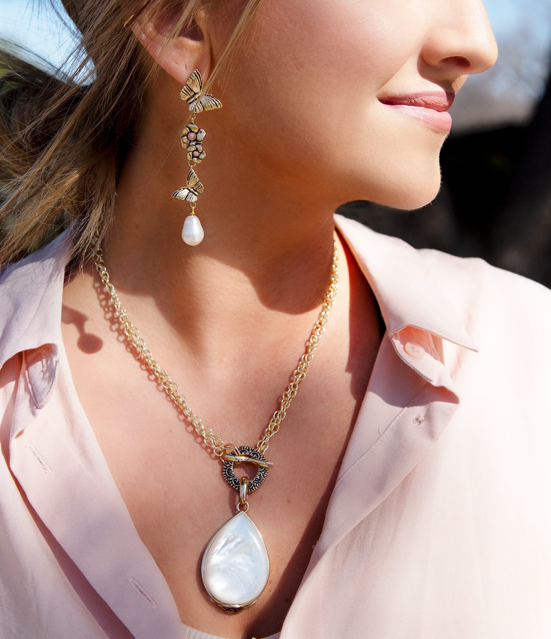 Rhodonite and White Pearl Golden Butterflies Post Drop Earrings Barse Jewelry