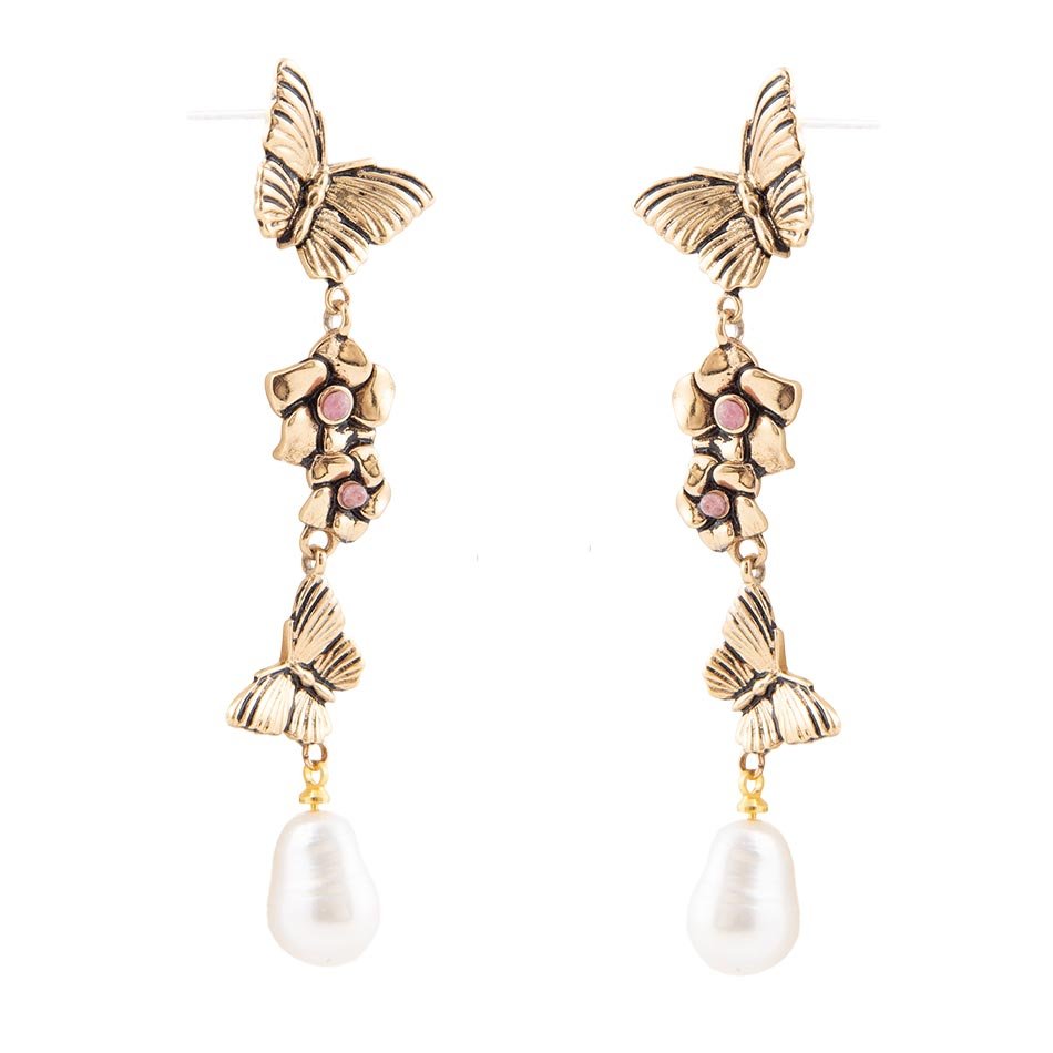 Rhodonite and White Pearl Golden Butterflies Post Drop Earrings Barse Jewelry