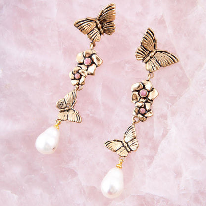 Rhodonite and White Pearl Golden Butterflies Post Drop Earrings Barse Jewelry