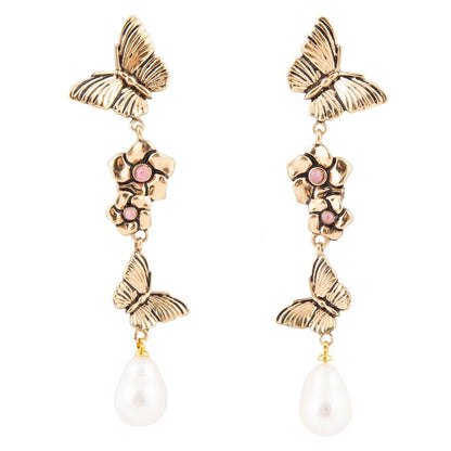 Rhodonite and White Pearl Golden Butterflies Post Drop Earrings Barse Jewelry