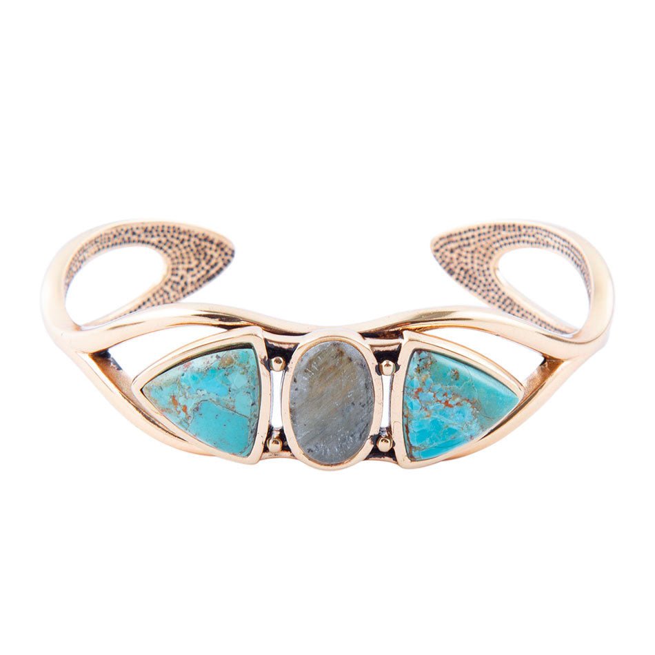 Gray Labradorite and Blue Turquoise Golden Cuff Bracelet Barse Jewelry