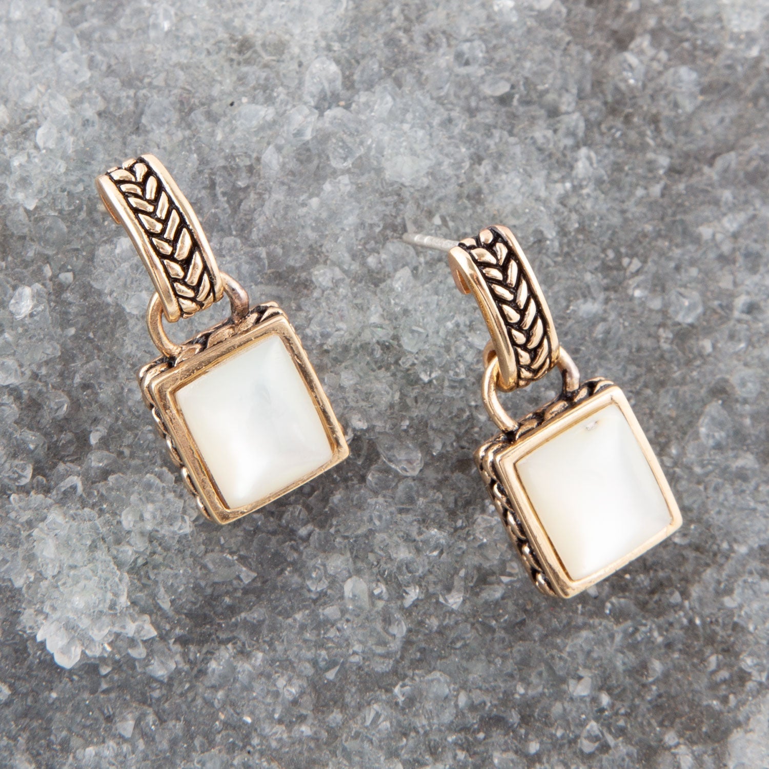 Roped White Mother of Pearl Golden Post Earrings Barse Jewelry
