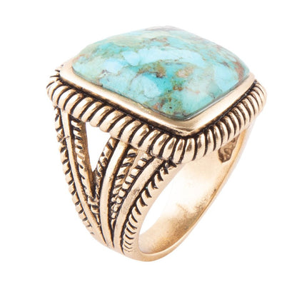 Roped Square Blue Turquoise Golden Statement Ring Barse Jewelry