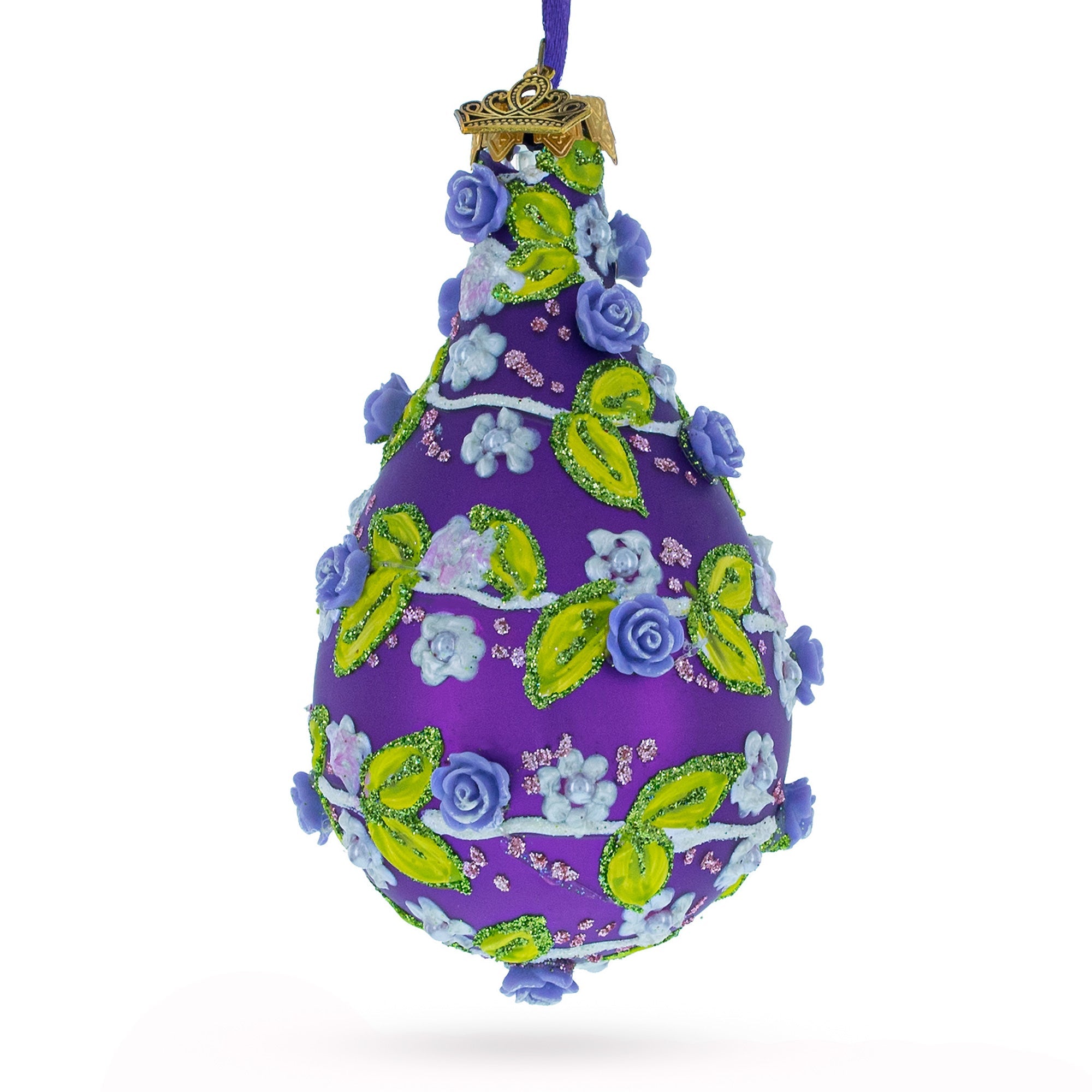 Embossed Roses on Purple Waterdrop Finial Glass Christmas Ornament