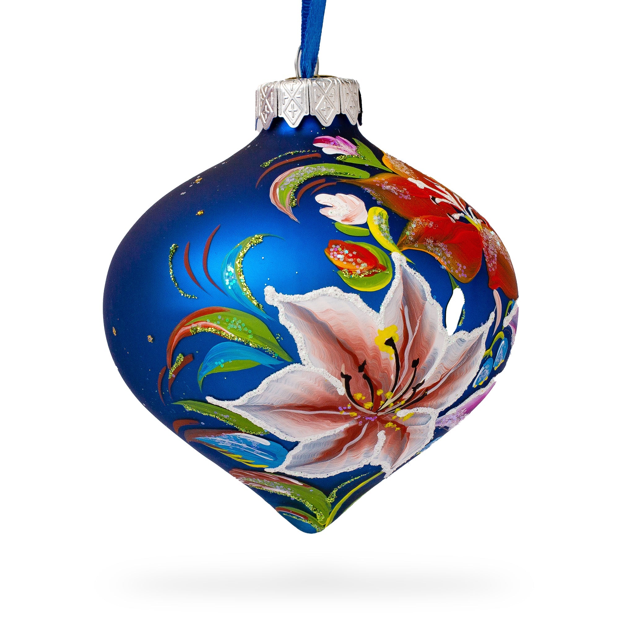 Floral Lilies Onion-Shape Finial Glass Christmas Ornament
