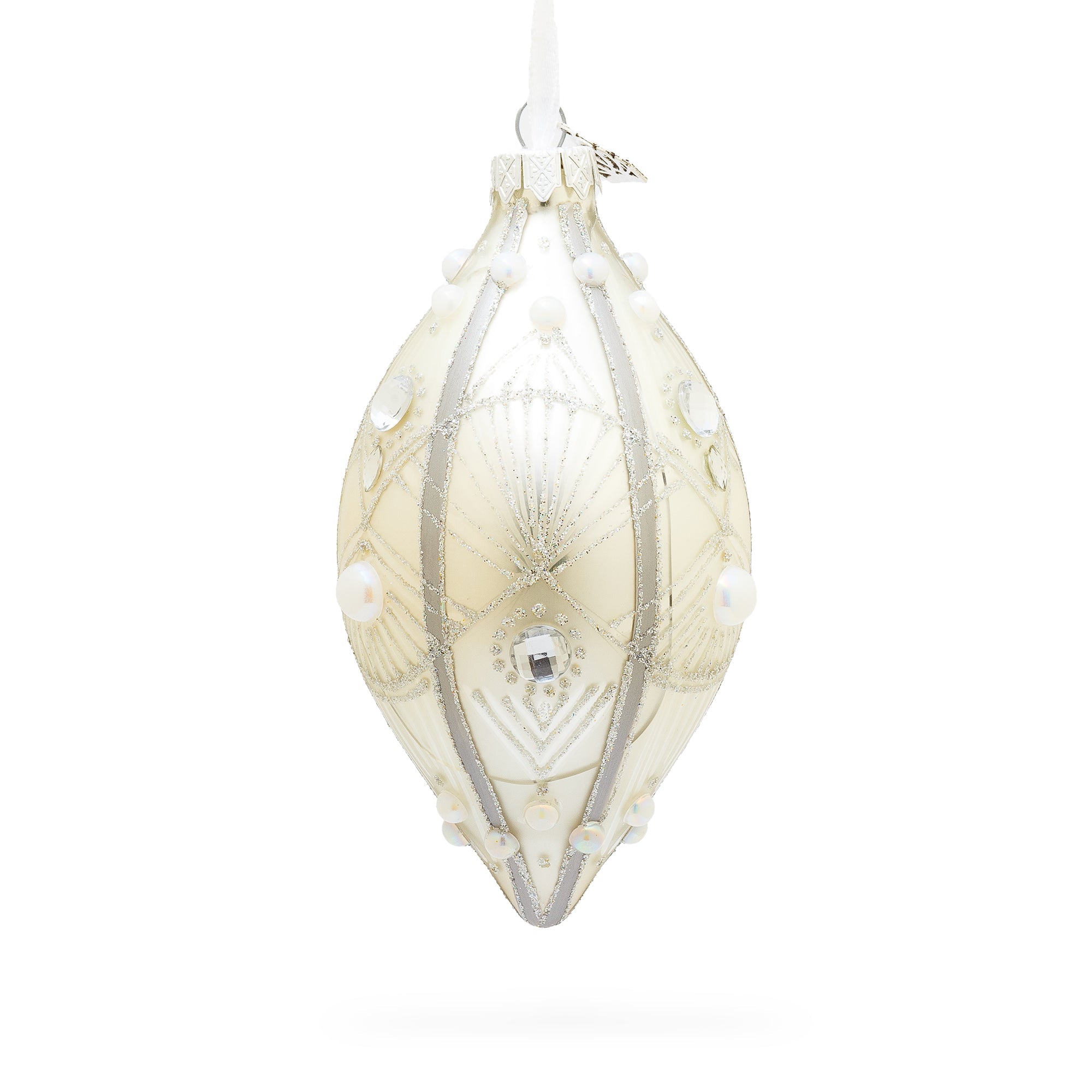 Pearls on Silver Pointed Teardrop Finial Glass Christmas Ornament