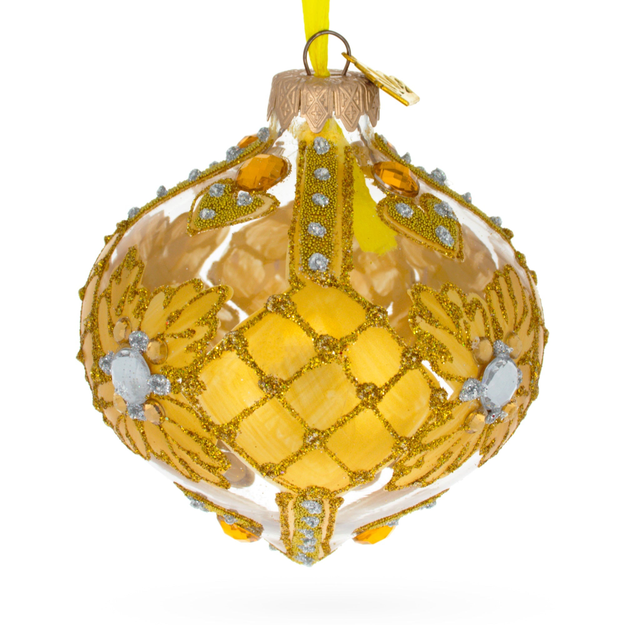 Jeweled Golden Leaves on Clear Onion-Shape Finial Glass Christmas Ornament