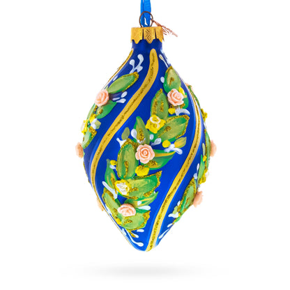 Swirl Roses on Blue Pointed Teardrop Finial Glass Christmas Ornament