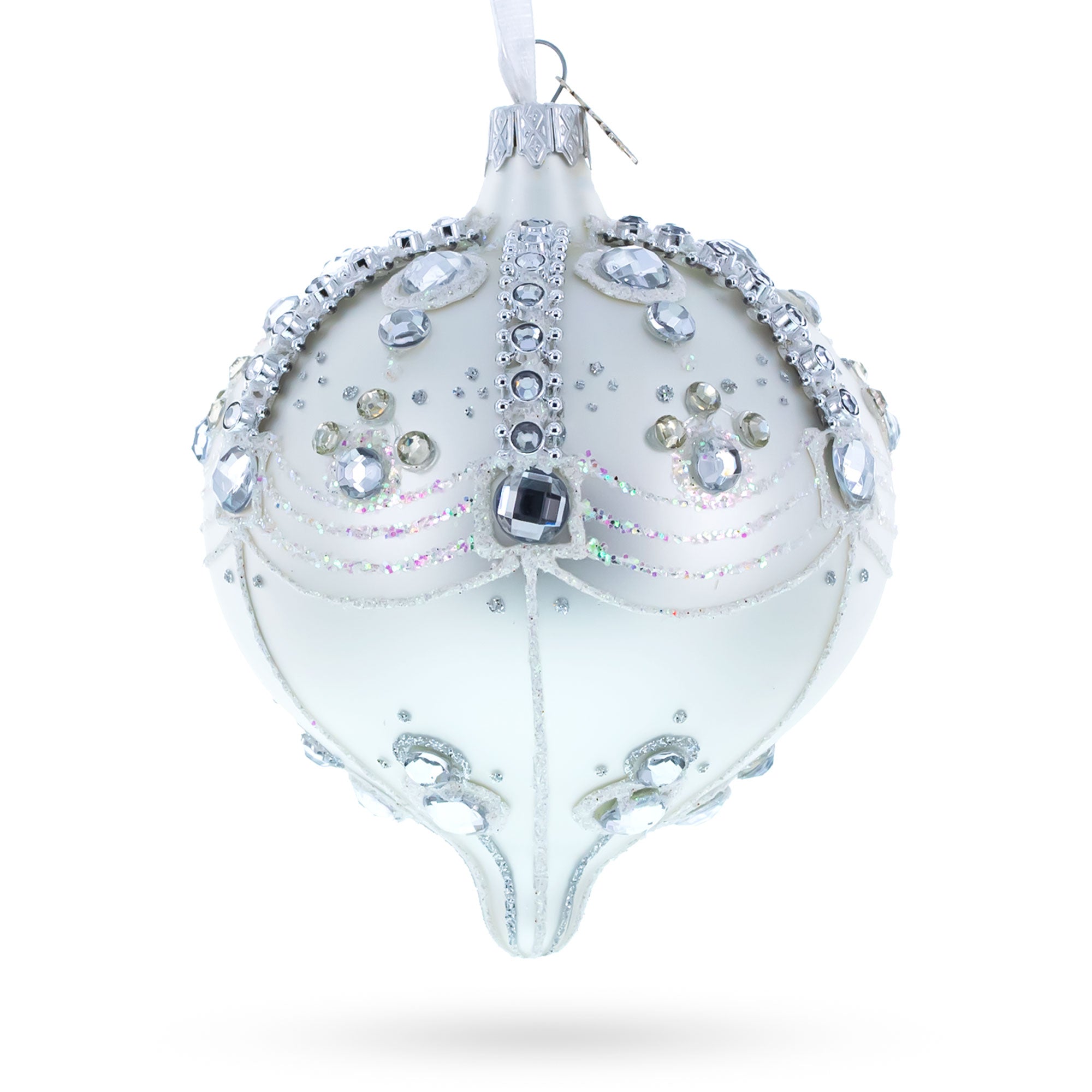 White Jewels on Silver Onion-Shape Finial Glass Ornament