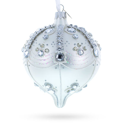 White Jewels on Silver Onion-Shape Finial Glass Ornament