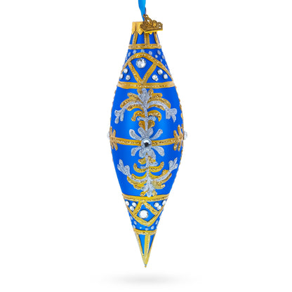 Royal Blue and Gold Snowflake Jeweled Elongated Pointed Teardrop Finial Glass Christmas Ornament