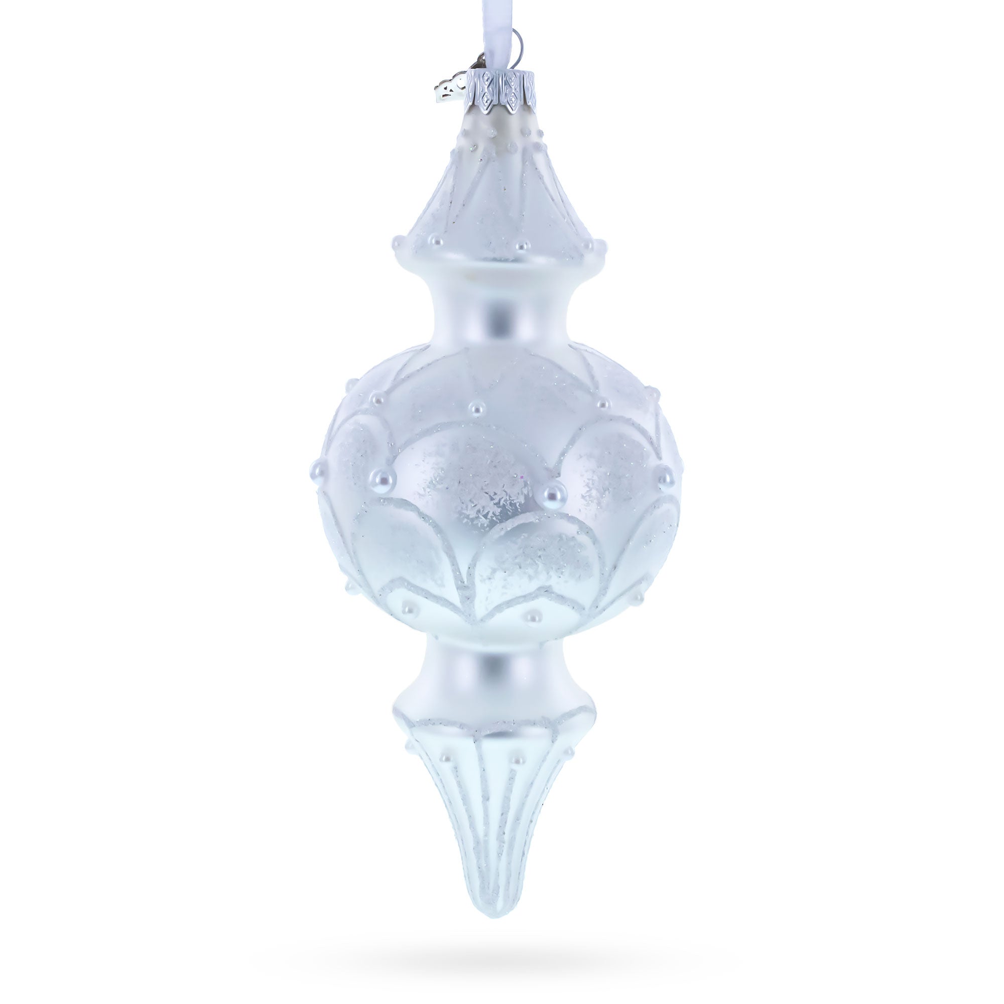 Snowy Pearl Double-Ended Finial Drop Glass Christmas Ornament