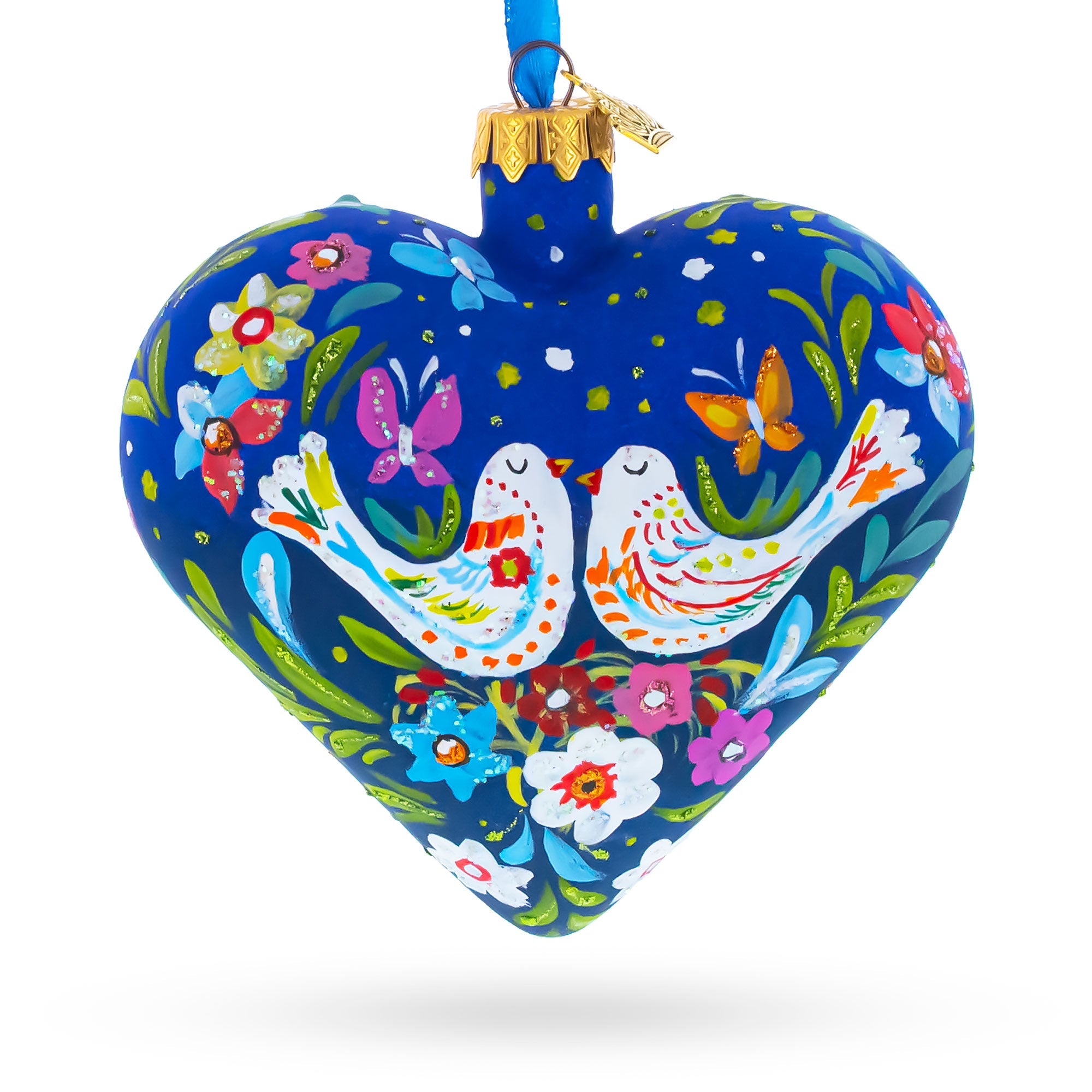 Blue Folk Art Whimsical Doves & Flowers Heart Glass Ornament