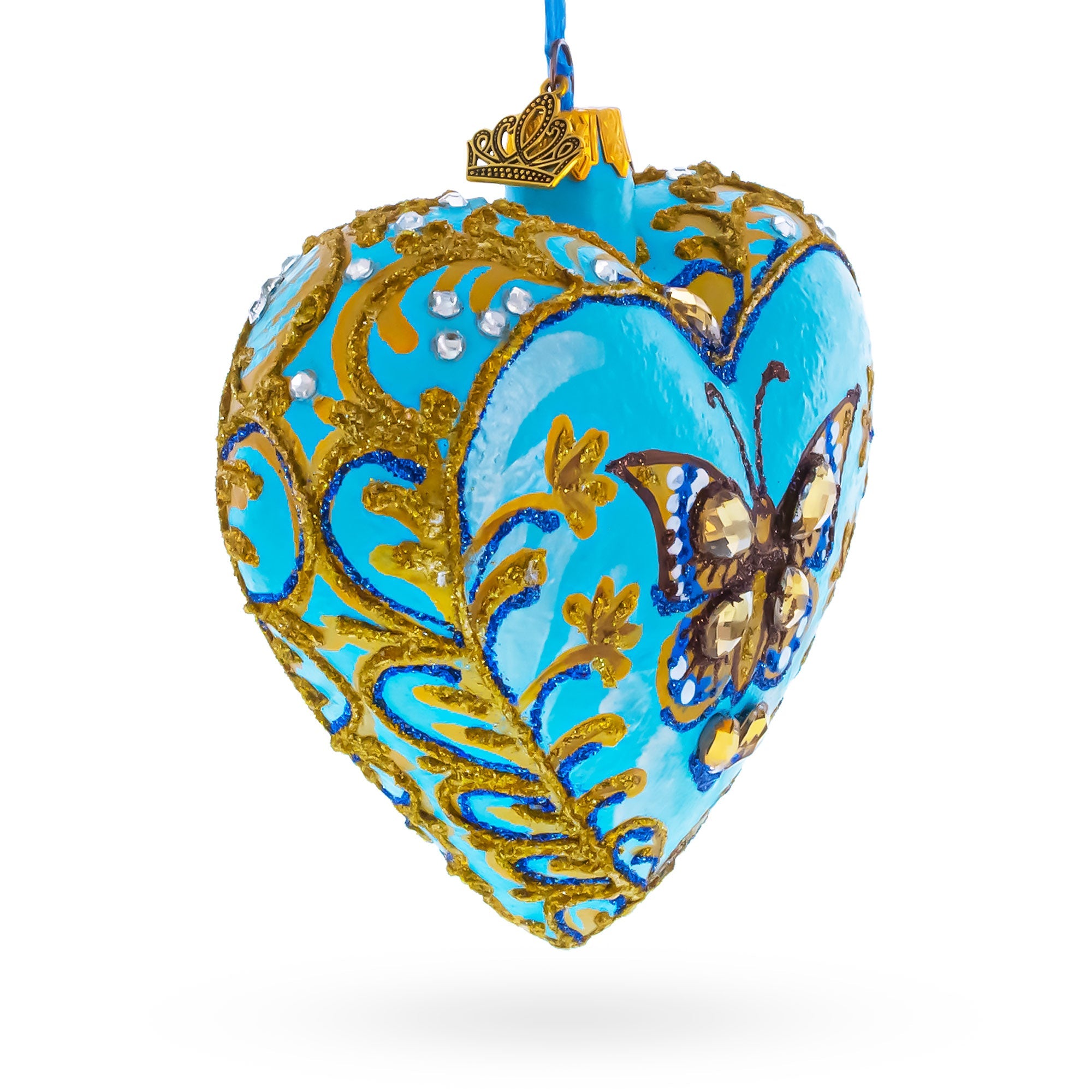 Turquoise Butterfly Elegance Heart Glass Ornament