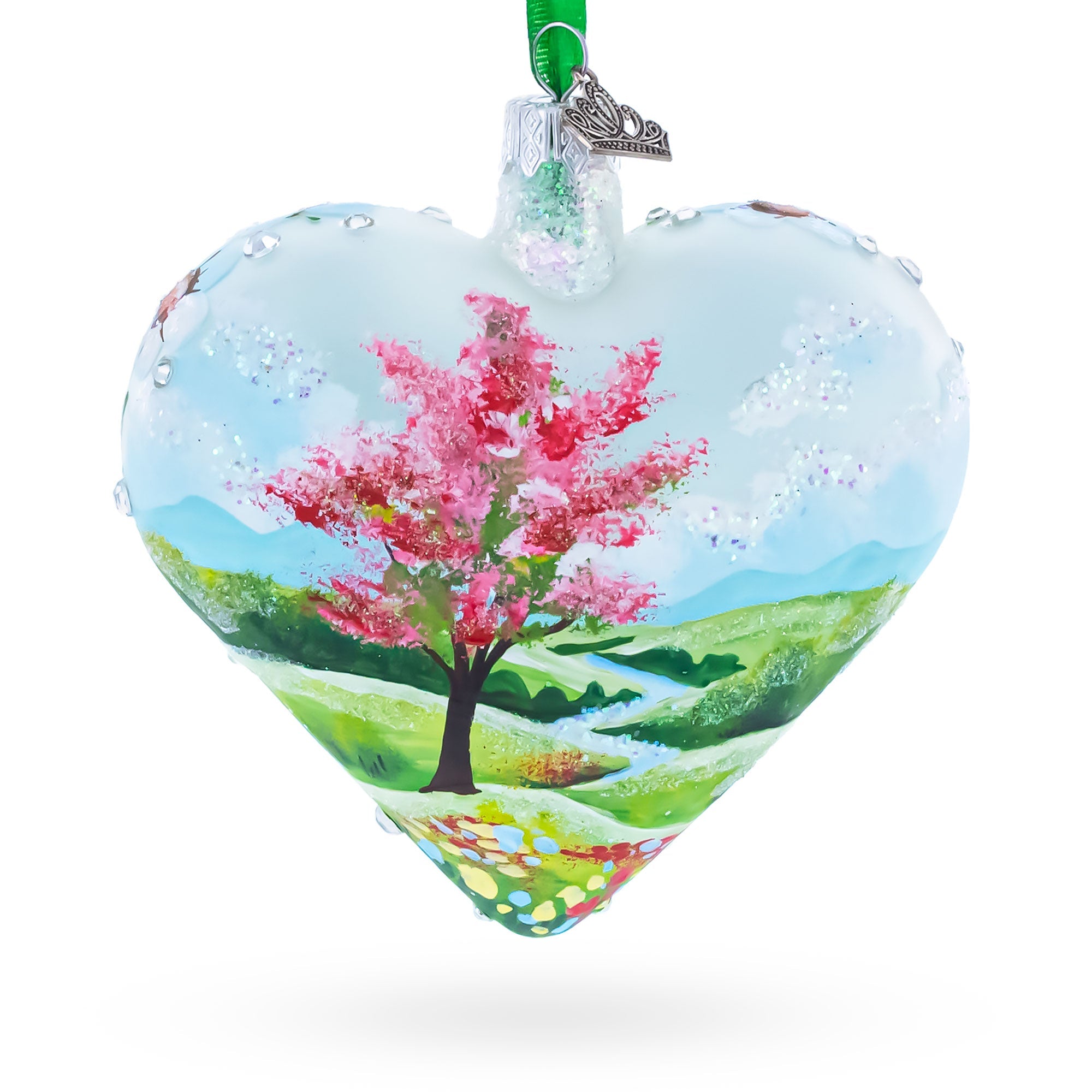 Sparkling Daisy Meadow Vista Jeweled Glass Heart Ornament
