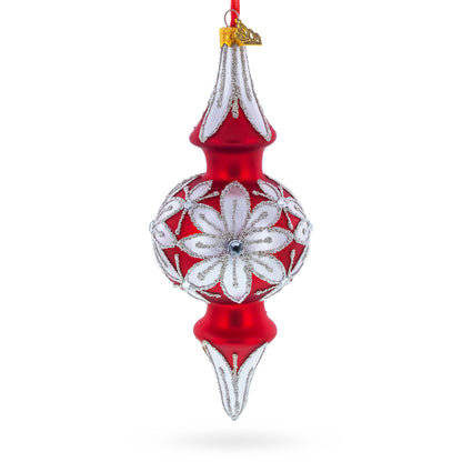Silver Jeweled Poinsettia Bloom Double-Ended Finial Drop Glass Christmas Ornament