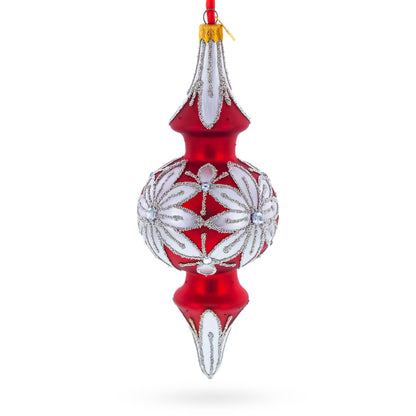 Silver Jeweled Poinsettia Bloom Double-Ended Finial Drop Glass Christmas Ornament