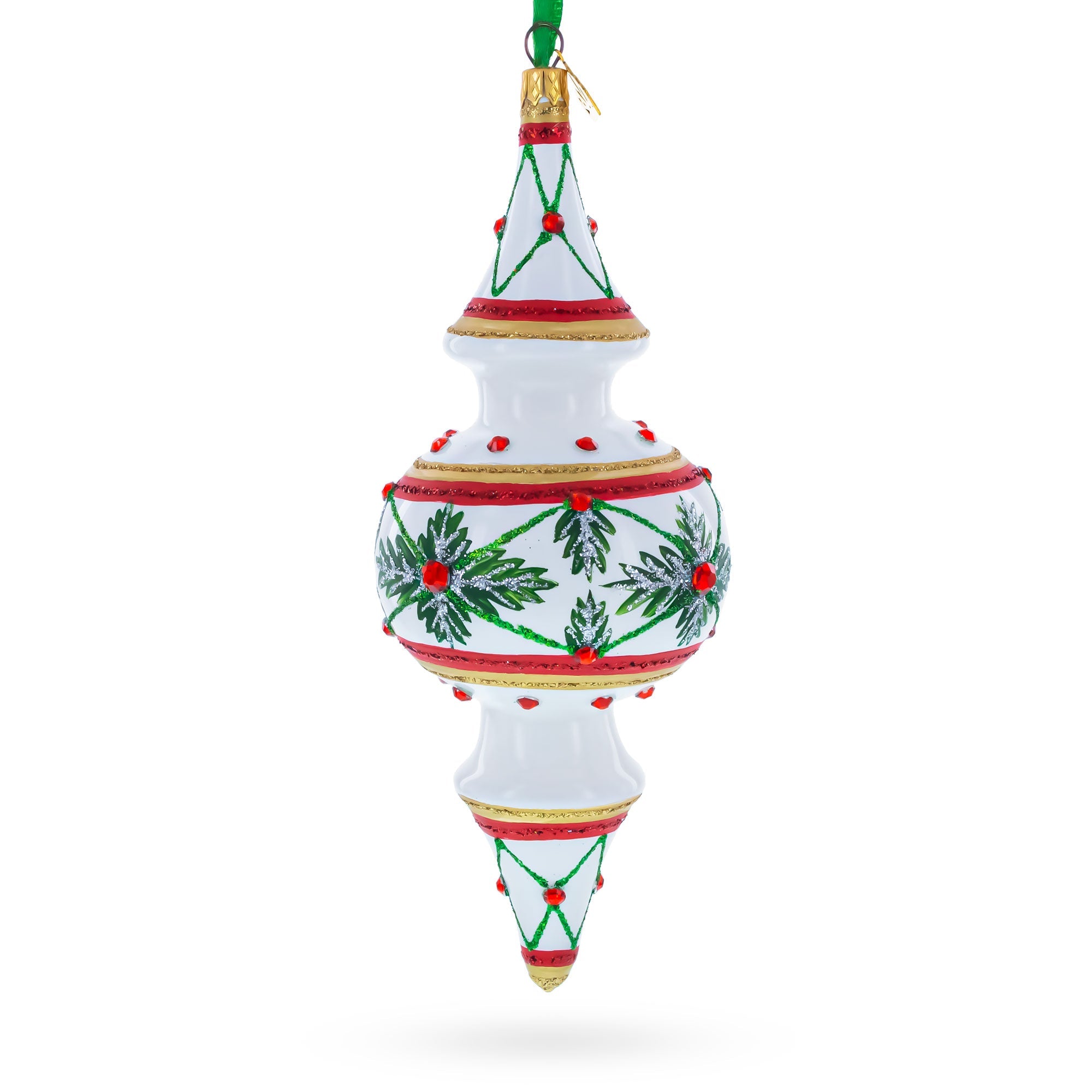 Winter Lattice & Holly Star Jeweled Double-Ended Finial Drop Glass Christmas Ornament
