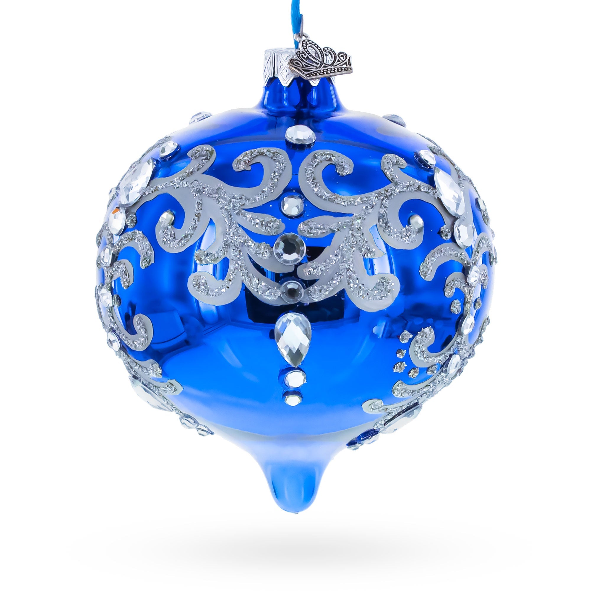 Blue Jeweled Silver Scroll Onion-Shape Finial Glass Christmas Ornament