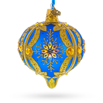 Blue and Gold Jeweled Floral Burst Onion-Shape Finial Glass Christmas Ornament