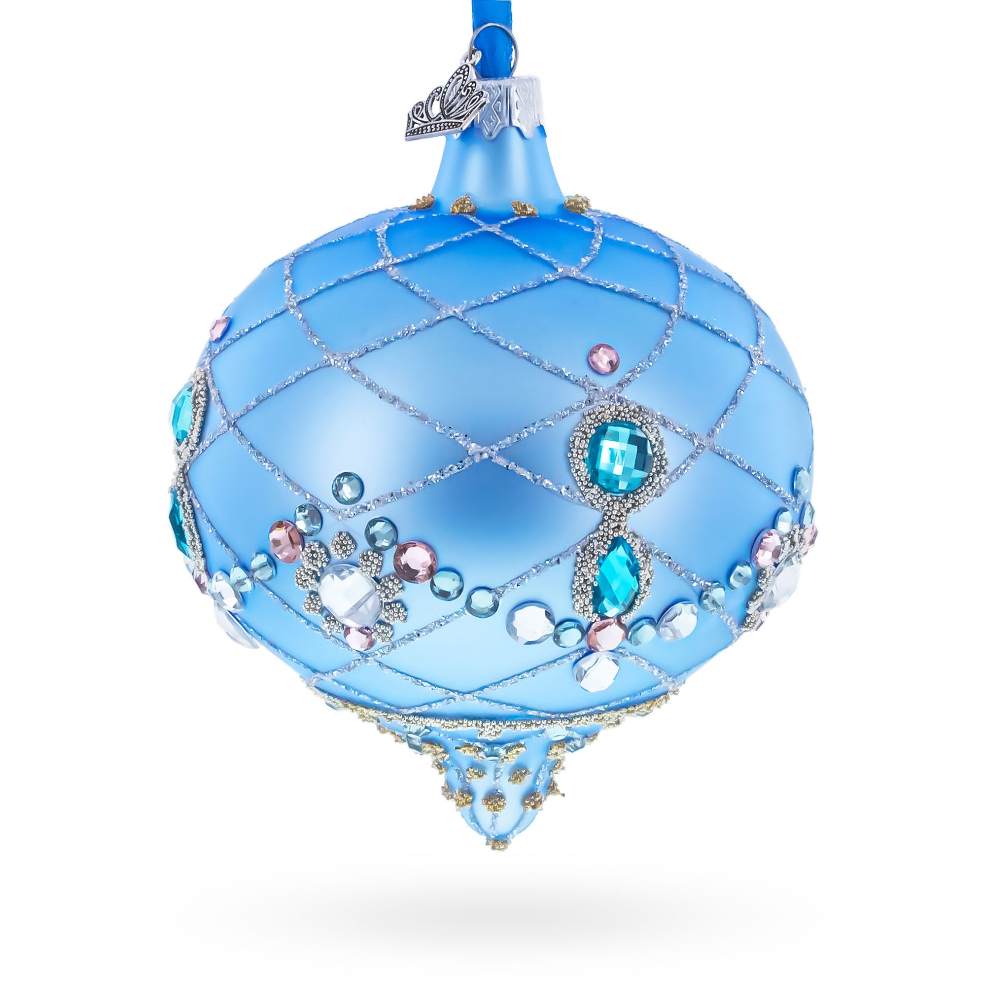 Blue Jeweled Lattice Diamond Onion-Shape Finial Glass Christmas Ornament