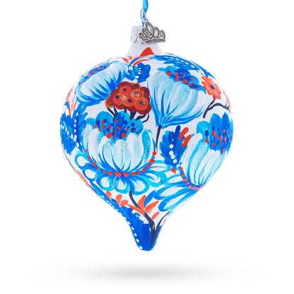 White and Blue Floral Blossom Onion-Shape Finial Glass Christmas Ornament