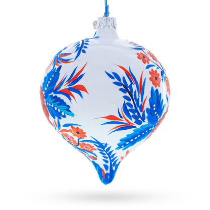 White and Blue Floral Blossom Onion-Shape Finial Glass Christmas Ornament