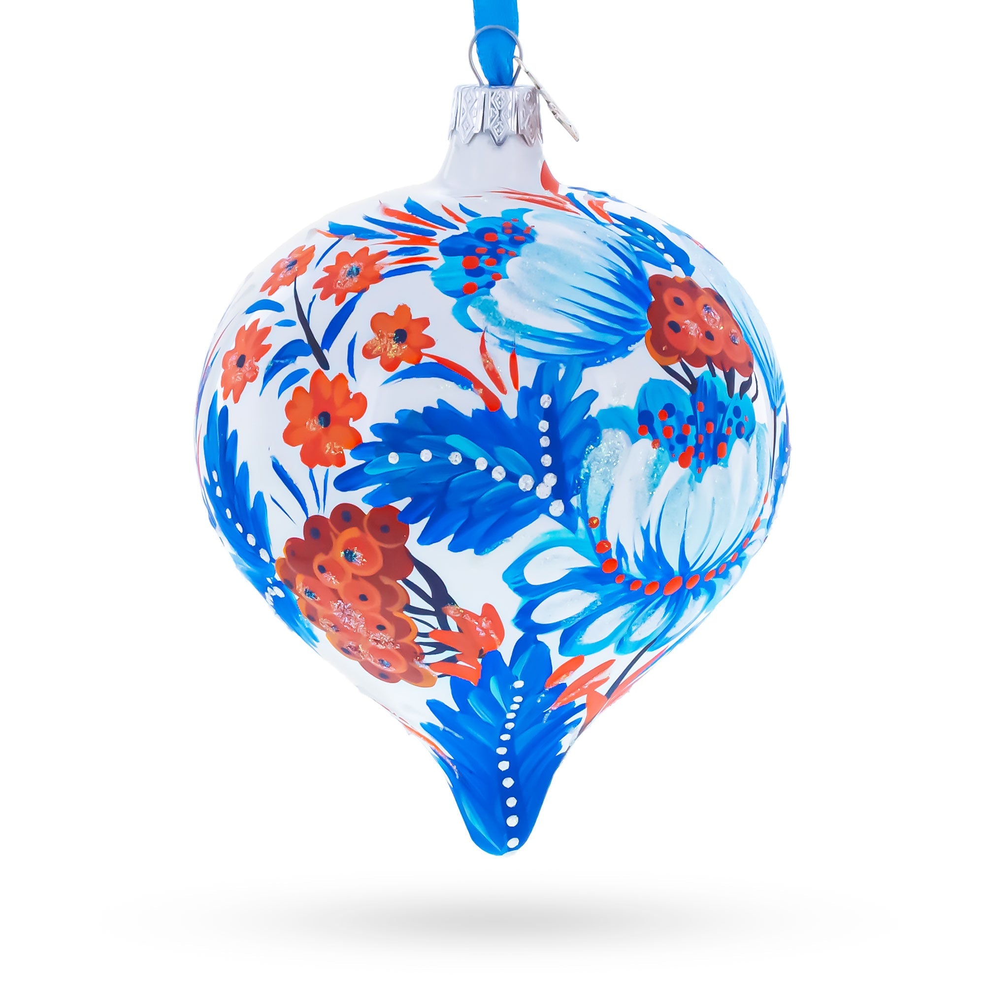 White and Blue Floral Blossom Onion-Shape Finial Glass Christmas Ornament