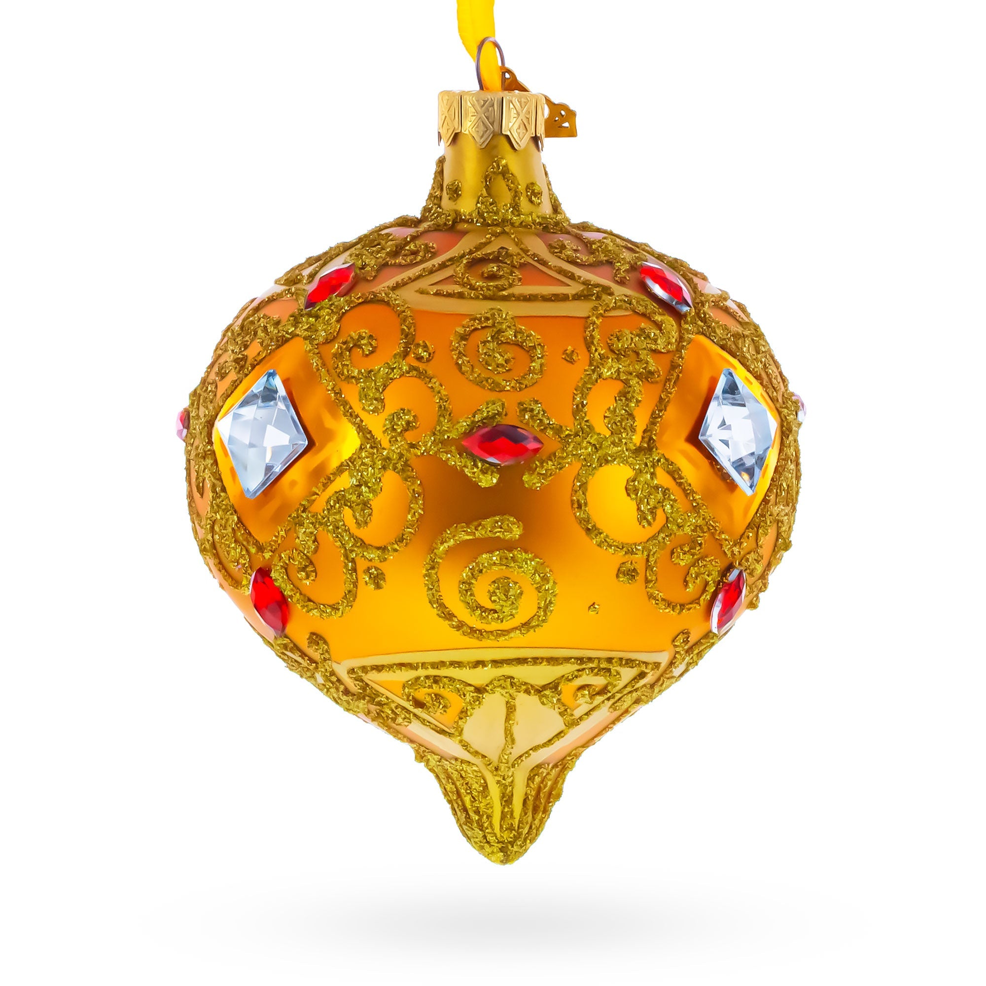 Amber Gold Jeweled Scroll Onion-Shape Finial Glass Christmas Ornament
