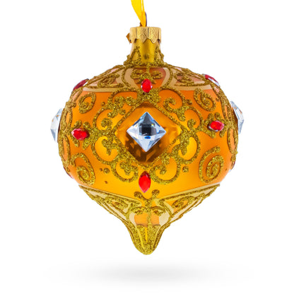 Amber Gold Jeweled Scroll Onion-Shape Finial Glass Christmas Ornament