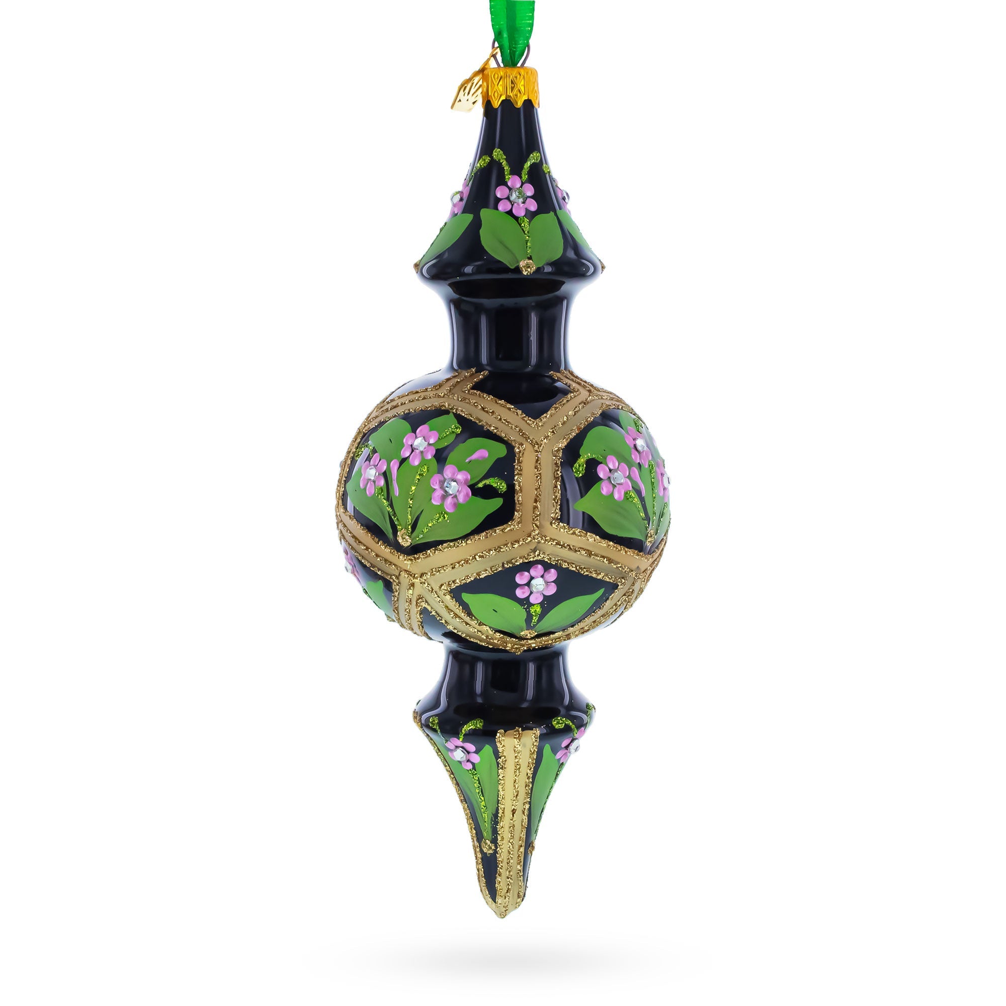 Black & Gold Floral Medallion Double-Ended Finial Drop Glass Christmas Ornament