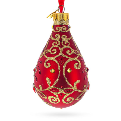 Golden Flowers on Red Waterdrop Finial Glass Christmas Ornament