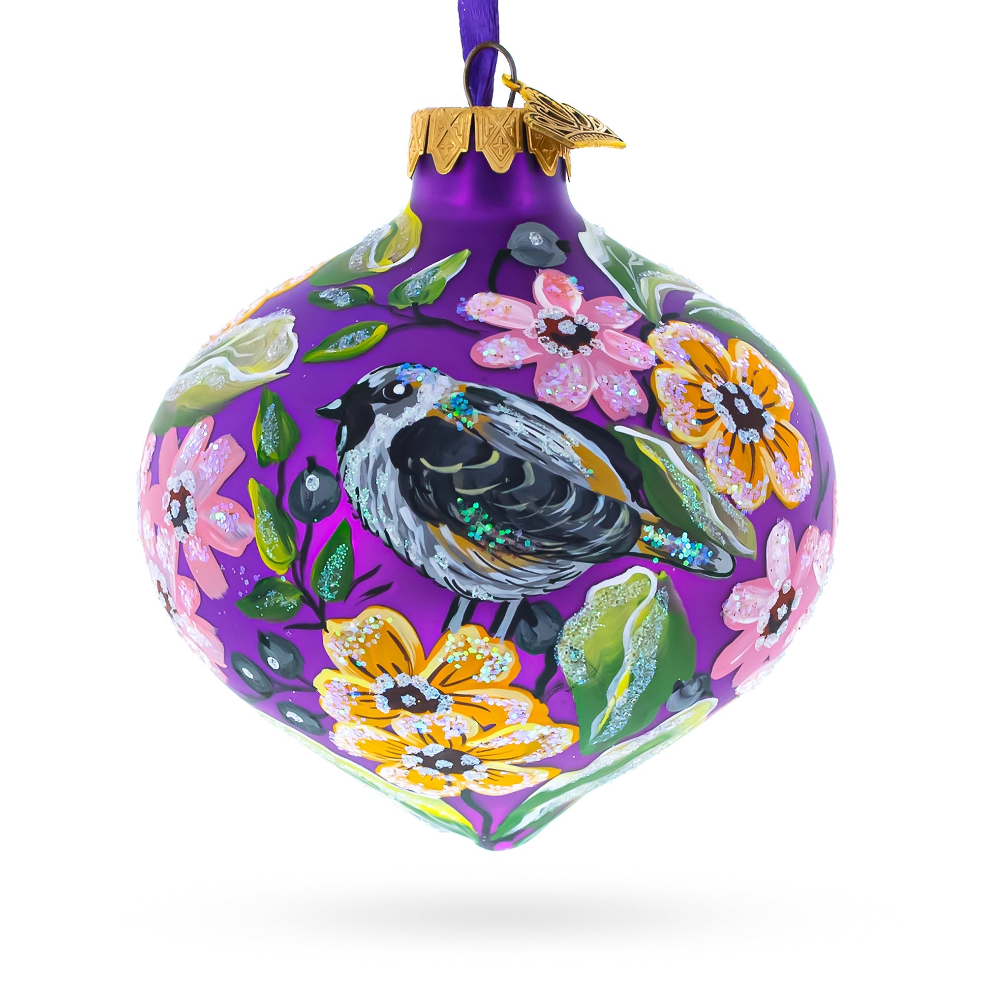 Songbird and Blossoms Onion-Shape Finial Glass Christmas Ornament BestPysanky