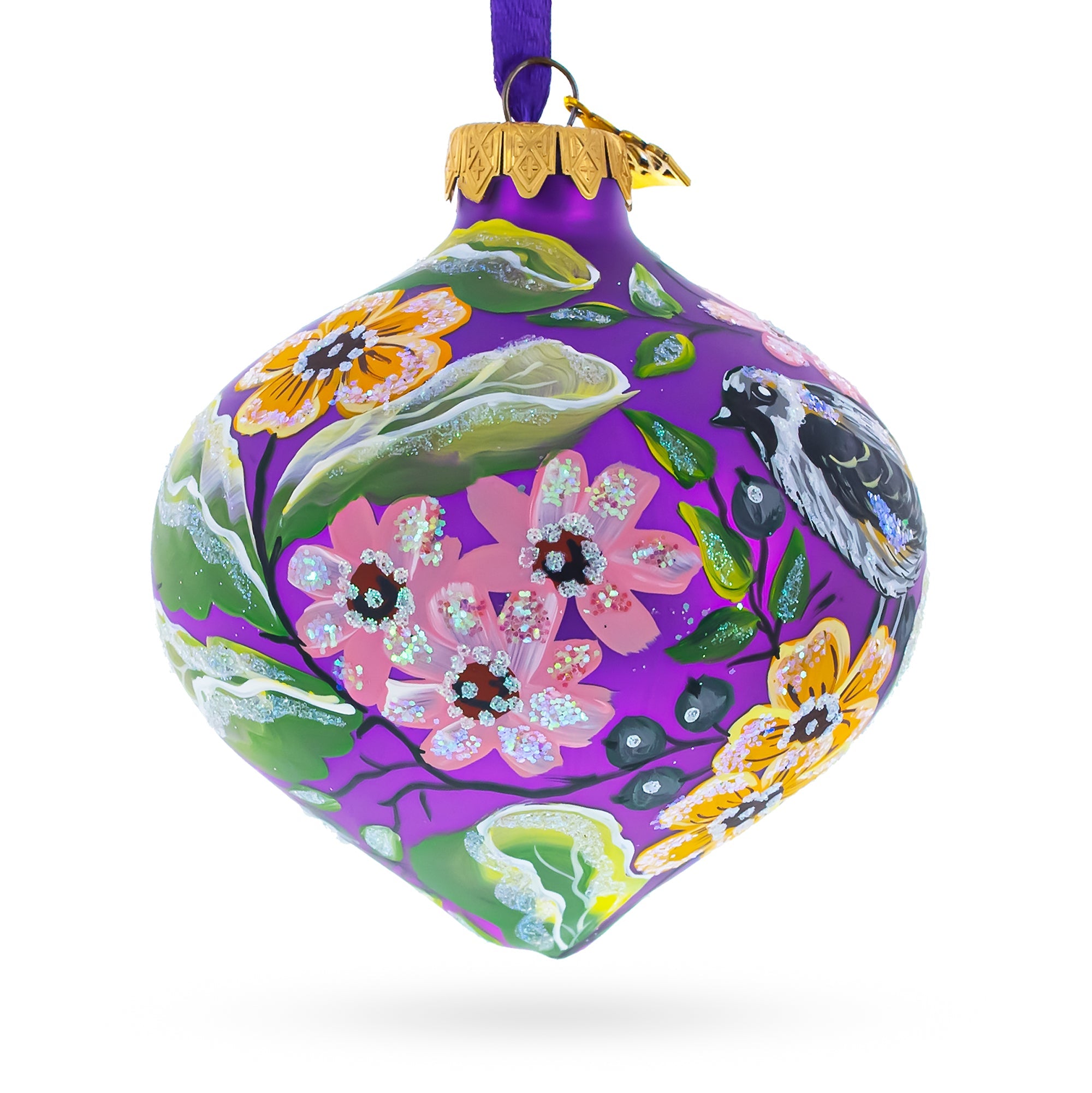 Songbird and Blossoms Onion-Shape Finial Glass Christmas Ornament BestPysanky