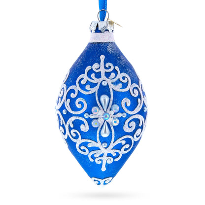 Blue Jeweled Scroll Pointed Teardrop Finial Glass Christmas Ornament BestPysanky