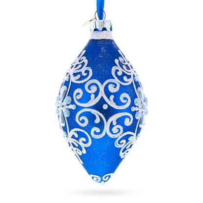 Blue Jeweled Scroll Pointed Teardrop Finial Glass Christmas Ornament BestPysanky