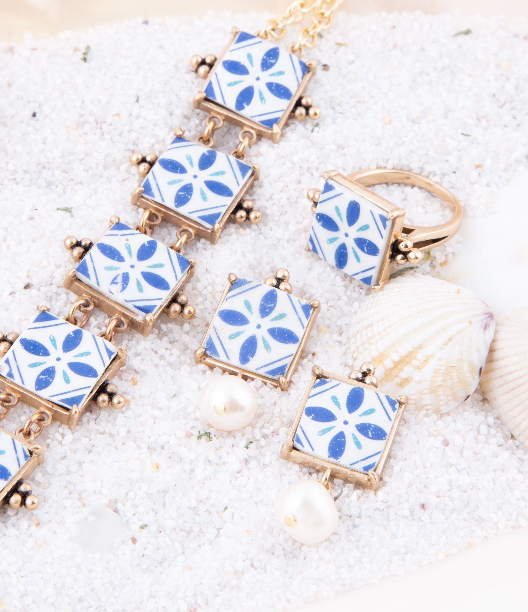 Santorini Blue and White Tile Golden Statement Ring Barse Jewelry