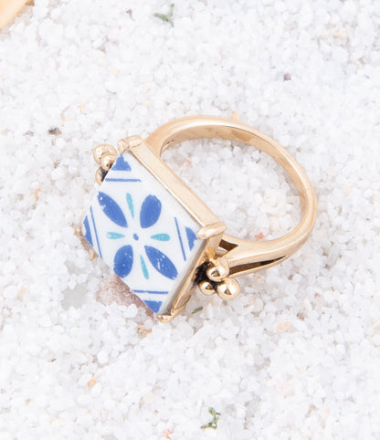 Santorini Blue and White Tile Golden Statement Ring Barse Jewelry