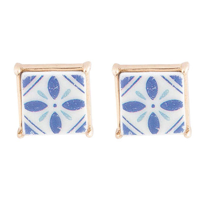 Santorini Dreams Blue and White Tile Post Stud Golden Earrings Barse Jewelry