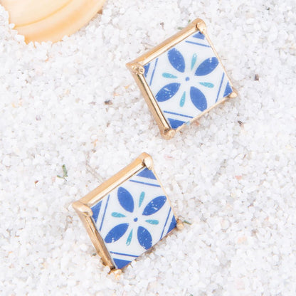 Santorini Dreams Blue and White Tile Post Stud Golden Earrings Barse Jewelry