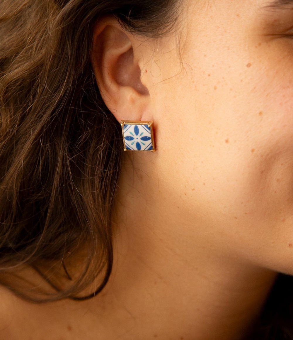 Santorini Dreams Blue and White Tile Post Stud Golden Earrings Barse Jewelry