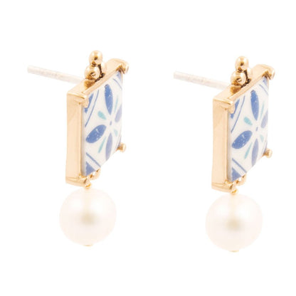 Santorini Dreams Tile Freshwater White Pearl Post Golden Earrings Barse Jewelry