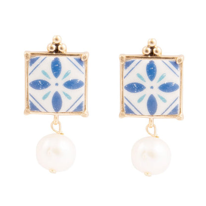 Santorini Dreams Tile Freshwater White Pearl Post Golden Earrings Barse Jewelry