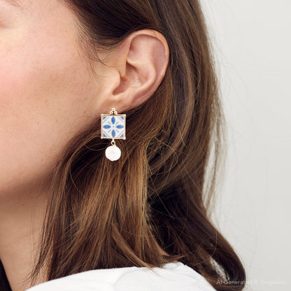 Santorini Dreams Tile Freshwater White Pearl Post Golden Earrings Barse Jewelry