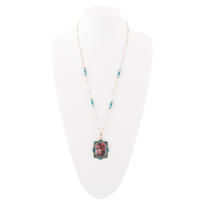 Scenic Red Florals Blue Apatite Golden Pendant Necklace Barse Jewelry