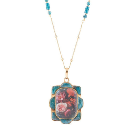 Scenic Red Florals Blue Apatite Golden Pendant Necklace Barse Jewelry