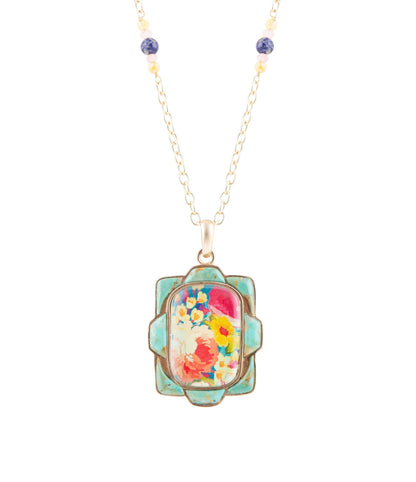 Scenic Floral and Blue Turquoise Golden Pendant Necklace Barse Jewelry