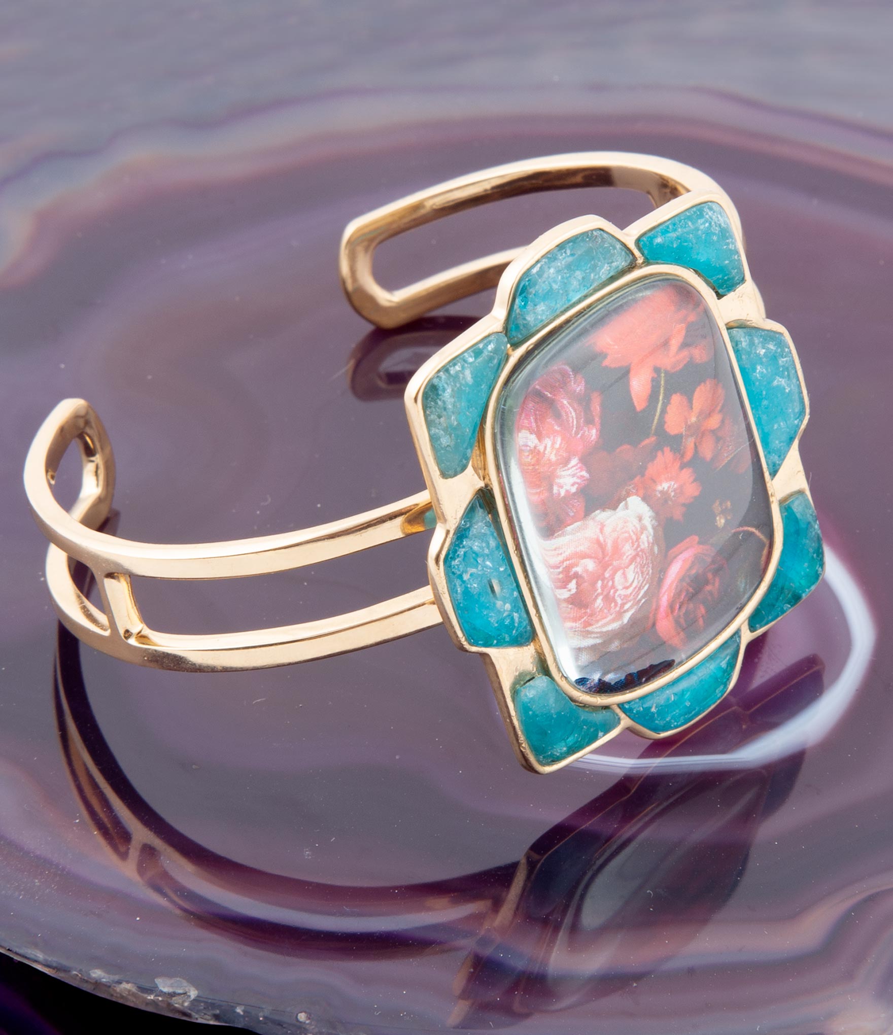 Scenic Red Floral Blue Apatite Golden Cuff Bracelet Barse Jewelry