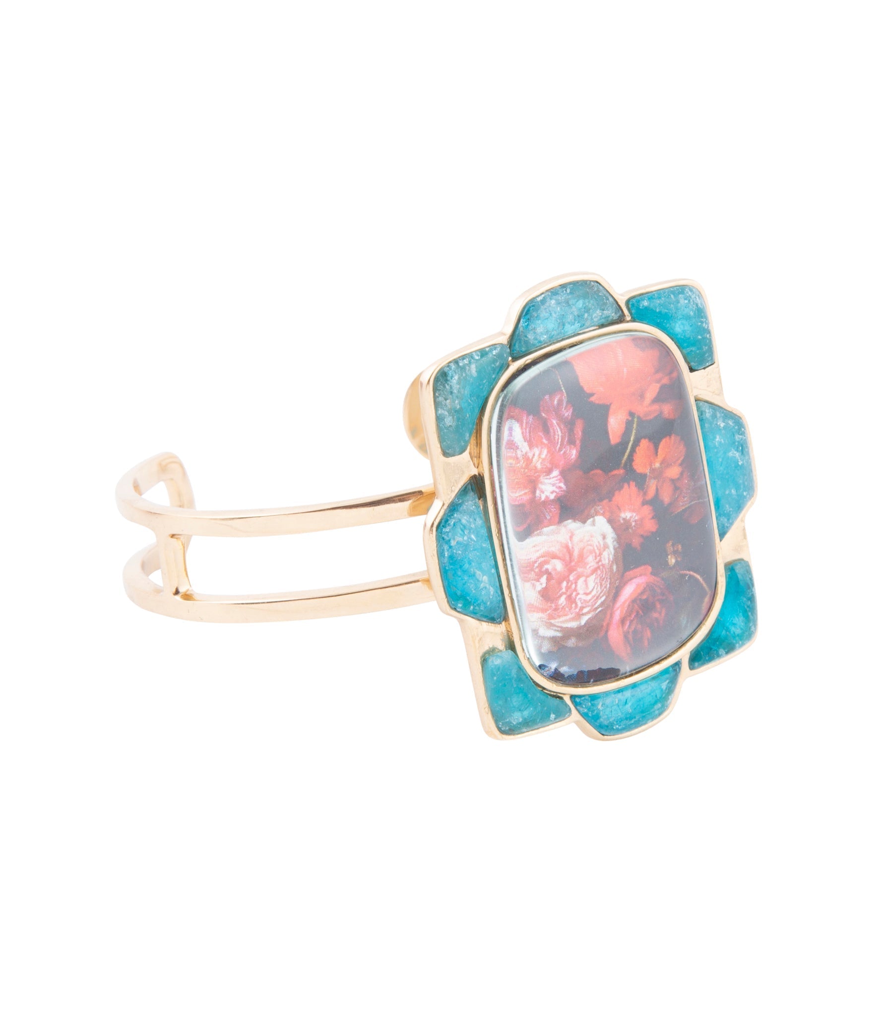 Scenic Red Floral Blue Apatite Golden Cuff Bracelet Barse Jewelry